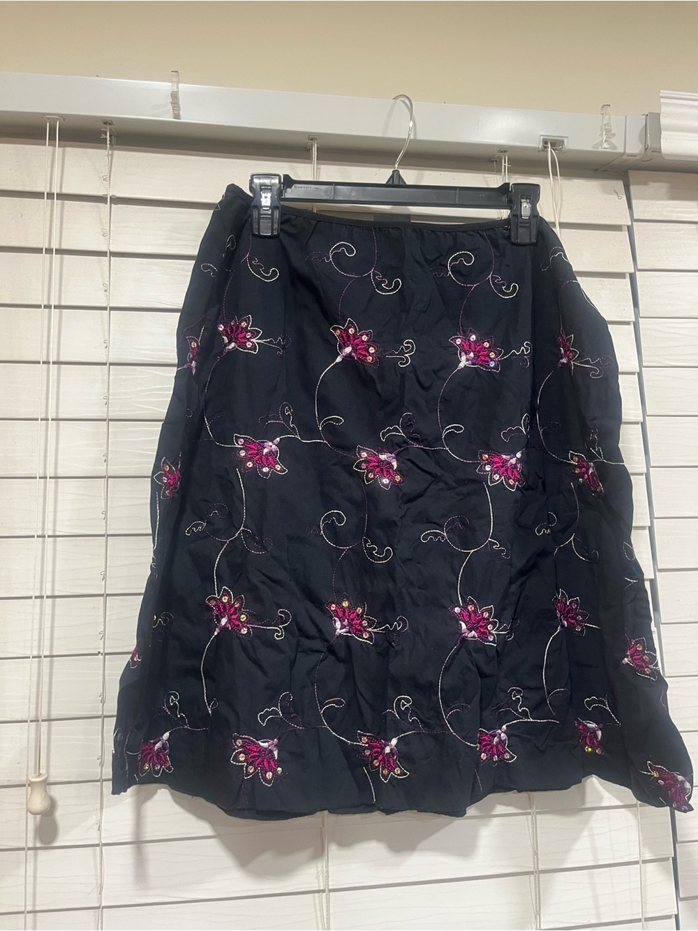Black Embroidered Floral A-Line Skirt - Pink Accents
